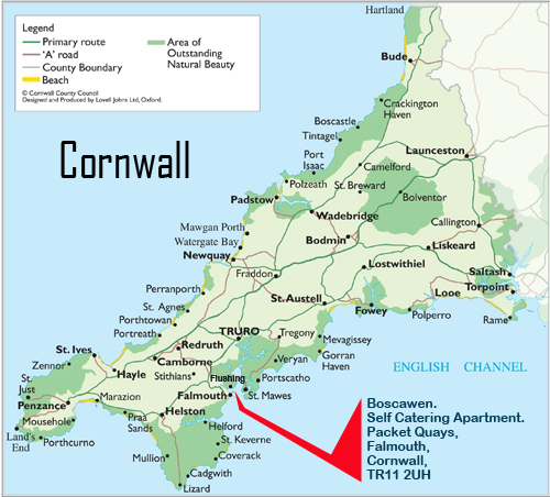 Cornwall Map Self Catering Falmouth Boscawen
